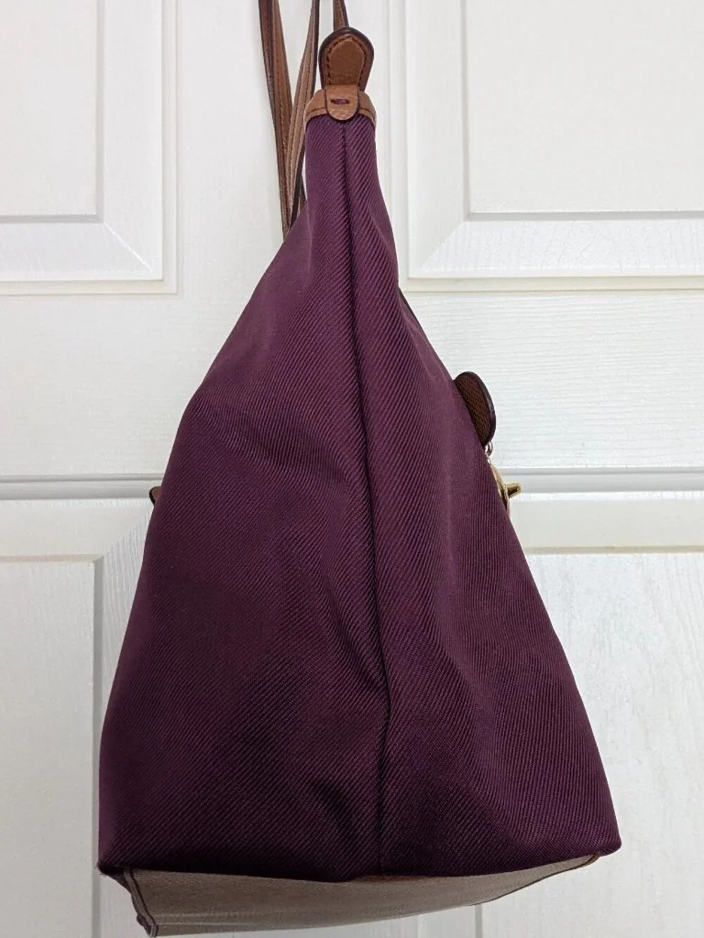 Coach Sawyer Plum Canvas & Leather Tote Bag Gold Hardware Charm Purple .